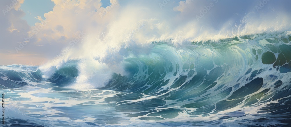 Wall mural a stunning painting depicting a massive ocean wave with a cloudy sky, liquid water, and a fluid hori