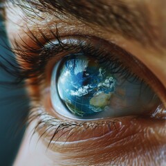 In the eye of this person, you can see a mesmerizing view of different continents, blue oceans, and a scattering of white clouds, creating a captivating image of the world. - obrazy, fototapety, plakaty
