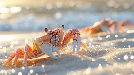 Crabs Scuttling on the Sandy Beach with Sparkling Sunlight Reflections - obrazy, fototapety, plakaty
