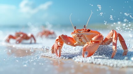 Scuttling Crabs on Tropical Beach with Copy Space - obrazy, fototapety, plakaty