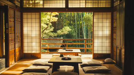 Warm, well-lit traditional Japanese room with tatami mats, low table, shoji doors, and a serene garden view