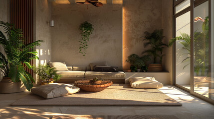Sun-drenched modern living room with a cozy sofa, plants, pillows, and tasteful decor welcoming relaxation