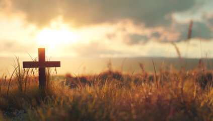 Ascension day concept. The cross on meadow autumn sunrise background., orthodox easter