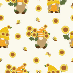 yellow sunflowers with gnomes hand drawn seamless pattern vector illustration for invitation greeting birthday party celebration wedding card poster banner textile wallpaper paper wrap background