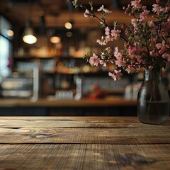 Soft pink cherry blossoms in a glass vase set on a rustic wooden table, creating a warm ambiance. - obrazy, fototapety, plakaty