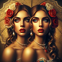 Obraz premium Two identical women adorned with roses and pearls radiate vintage charm. Their mirrored beauty captures a timeless elegance against a golden backdrop. AI generation