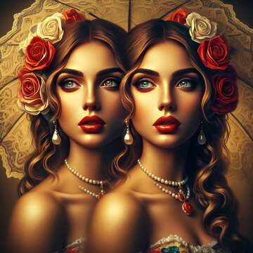Two identical women adorned with roses and pearls radiate vintage charm. Their mirrored beauty captures a timeless elegance against a golden backdrop. AI generation