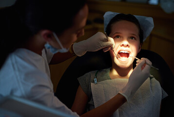 Dental, mirror or girl with dentist for mouth exam, tooth cavity or gum disease, bacteria or...