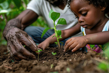 African american father and little daughter planting tree sprout together. Ecosystem protection, plant care, and reforestation concept