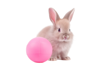 Small Rabbit Sitting Near Pink Ball. On a White or Clear Surface PNG Transparent Background.