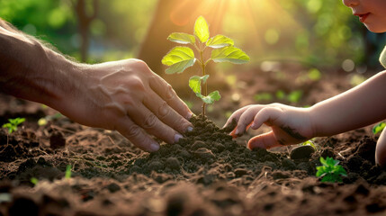 Hand of father and child planting tree sprout together. Ecosystem protection, plant care, and reforestation concept