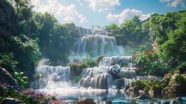 Lush Cascading Waterfalls in a Verdant Tropical Forest Landscape with Rushing Streams and Peaceful Atmosphere