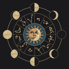 Vector banner with the Moon, the Sun, zodiac constellations and moon phases in a circle on a black background. Hand-drawn illustration on the astrological theme in retro style - 770554943