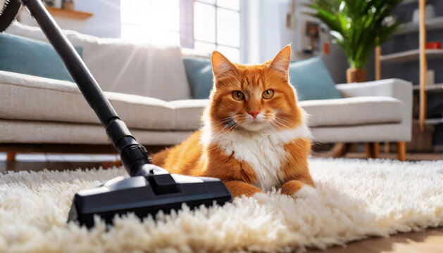 Extreme close-up and bottom view of a black vacuum cleaner and a ginger cat looking at camera, on a white carpet in a living room, cleaning the house. Fluff allergy concept. Generative Ai.