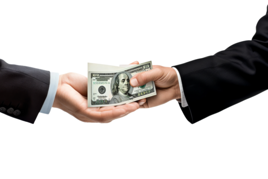 Business Deal: Two People Shaking Hands Over Stack of Money. On a White or Clear Surface PNG Transparent Background.
