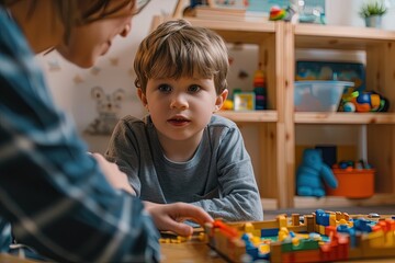 therapist using minimal eye contact and touch with an autistic child, emphasizing the understanding that reducing eye contact and tactile stimulation can be helpful , Generative Ai 