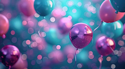 Foto op Canvas these colourful balloons are floating in the air, in the style of dark pink and blue, bokeh, realistic hyper-detailed rendering, glittery, light teal and dark blue, happenings © PixelPulse