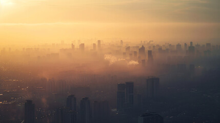 Fototapeta na wymiar A cityscape showing smog and pollution hanging over the city reducing visibility and air quality.