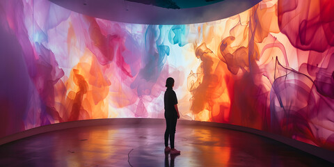 Abstract digital art installation with interactive elements, allowing viewers to engage with the product presentation in a dynamic and immersive way