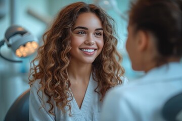 Fototapeta premium Cheerful dentist discussing treatment options with a smiling patient in the clinic