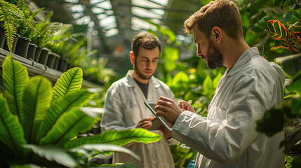 Botanists Analyzing Plant Health in Greenhouse Laboratory