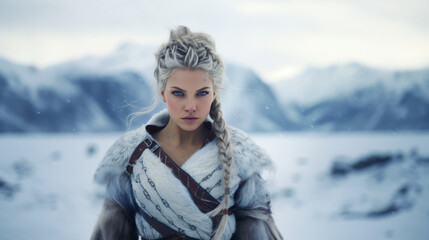 Fototapeta na wymiar Portrait of a Shield Maiden Viking Woman in Winter. Piercing Blue Eyes with Braided Blonde Hair. Old Viking Costume.