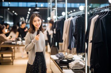 Happy girl at shopping. Cheerful girls shopping for clothes. Young girl choosing clothes in a clothes shop. Generative AI.