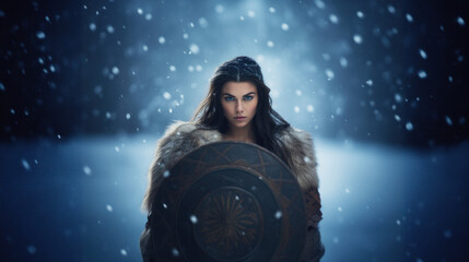 Portrait of a Shield Maiden Viking Woman in Winter. Piercing Blue Eyes with Braided Black Dark Hair. Old Viking Costume.