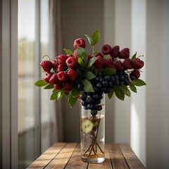 Bouquet of fruits in a glass vase