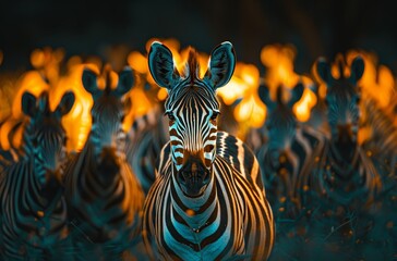 A stunning image of a zebra herd illuminated by the fiery glow of sunset, creating a dramatic and...