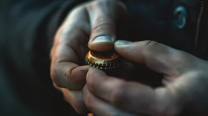  A close-up of a person nervously playing with a bottle cap signifying alcohol dependence. © Kristin