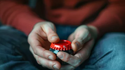 Fototapeten A close-up of a person nervously playing with a bottle cap signifying alcohol dependence. © Kristin