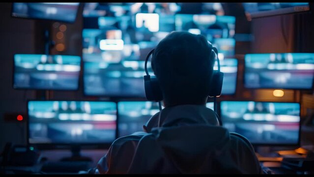 A man is sitting in front of a computer monitor with a headset on, security concept.