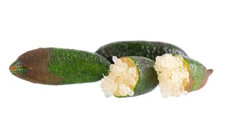 Fresh finger limes isolated on white background. Caviar lime. Fruits pods. Clipping path.