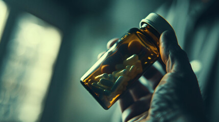 A close-up of a prescription bottle in a trembling hand the challenge of medication dependency. - obrazy, fototapety, plakaty