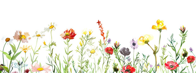 Dainty wildflowers border, watercolor, isolated on transparent background - obrazy, fototapety, plakaty