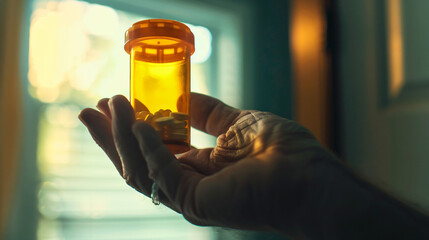 A close-up of a prescription bottle in a trembling hand the challenge of medication dependency. - obrazy, fototapety, plakaty