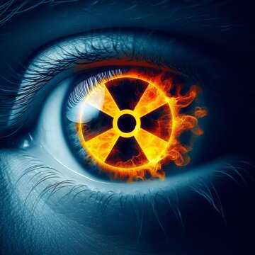 A surreal eye with a fiery, radiant nuclear symbol at its core, evoking a sense of powerful vision or insight. The eye is detailed with vibrant blue hues, emphasizing intensity and focus. AI