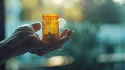 A close-up of a prescription bottle in a trembling hand the challenge of medication dependency.