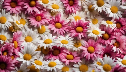 A spectrum of daisy flowers in full bloom, ranging from pink to red to yellow, against a white background. - obrazy, fototapety, plakaty
