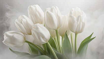 Białe tulipany. Wiosenny biały kwiat. Pastelowe tło kwiatowe - obrazy, fototapety, plakaty