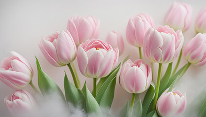 Różowe tulipany. Wiosna, pastelowe kwiaty - obrazy, fototapety, plakaty