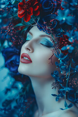 Obraz premium Piękna kobieta z zamkniętymi oczami na niebiesko