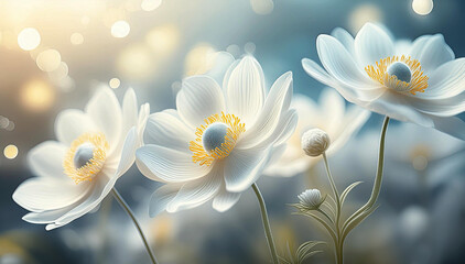 Wiosenne białe kwiaty. Tapeta zawilce - obrazy, fototapety, plakaty