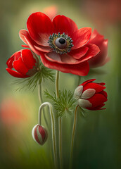 Czerwone kwiaty, wiosenne zawilce. Bukiet czerwonych kwiatów. Tapeta kwiatowa - obrazy, fototapety, plakaty