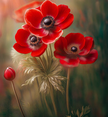 Czerwone kwiaty, wiosenne zawilce. Bukiet czerwonych kwiatów. Tapeta kwiatowa - obrazy, fototapety, plakaty