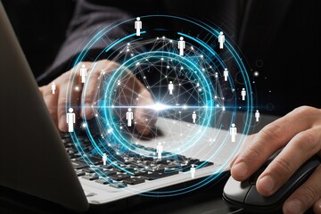 Business man with working staff hologram