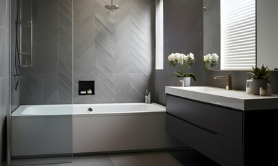 3d render of modern bathroom with black tile floor and glass shower