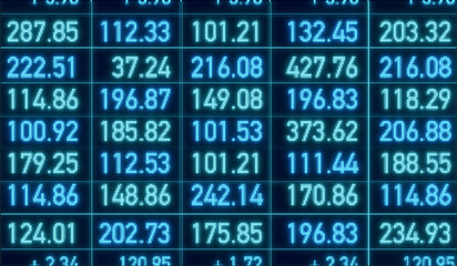 Fototapeta premium Spreadsheet with financial figures on screen, business report, data. Digital numbers, analyzing, market research, blue financial report. 3D illustration