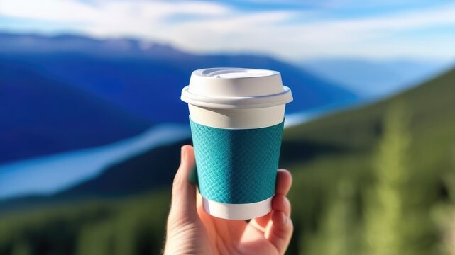 Man's hand holds disposable cup of coffee against background of mountains. Copy space, place for text, empty space. Takeaway coffee, tea.
